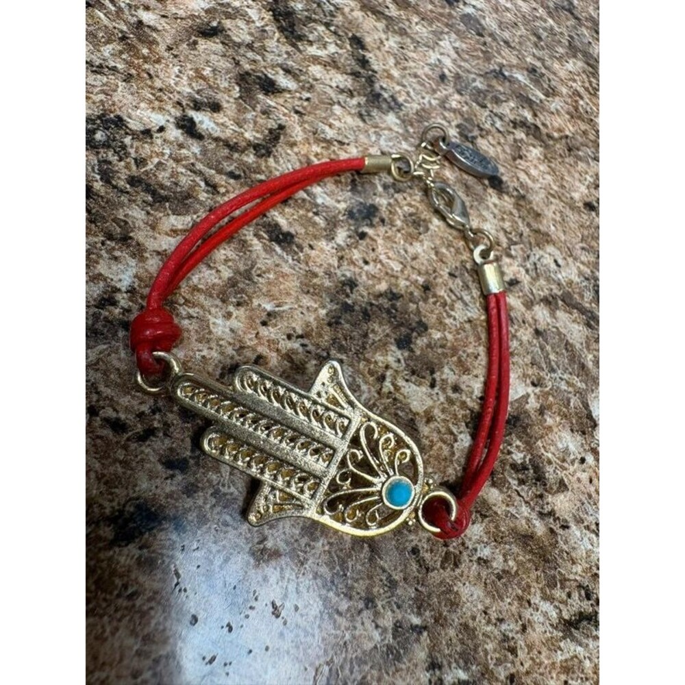 Etika Hamsa Hand Bracelet Red Cord Gold Tone Turquoise Accent Boho